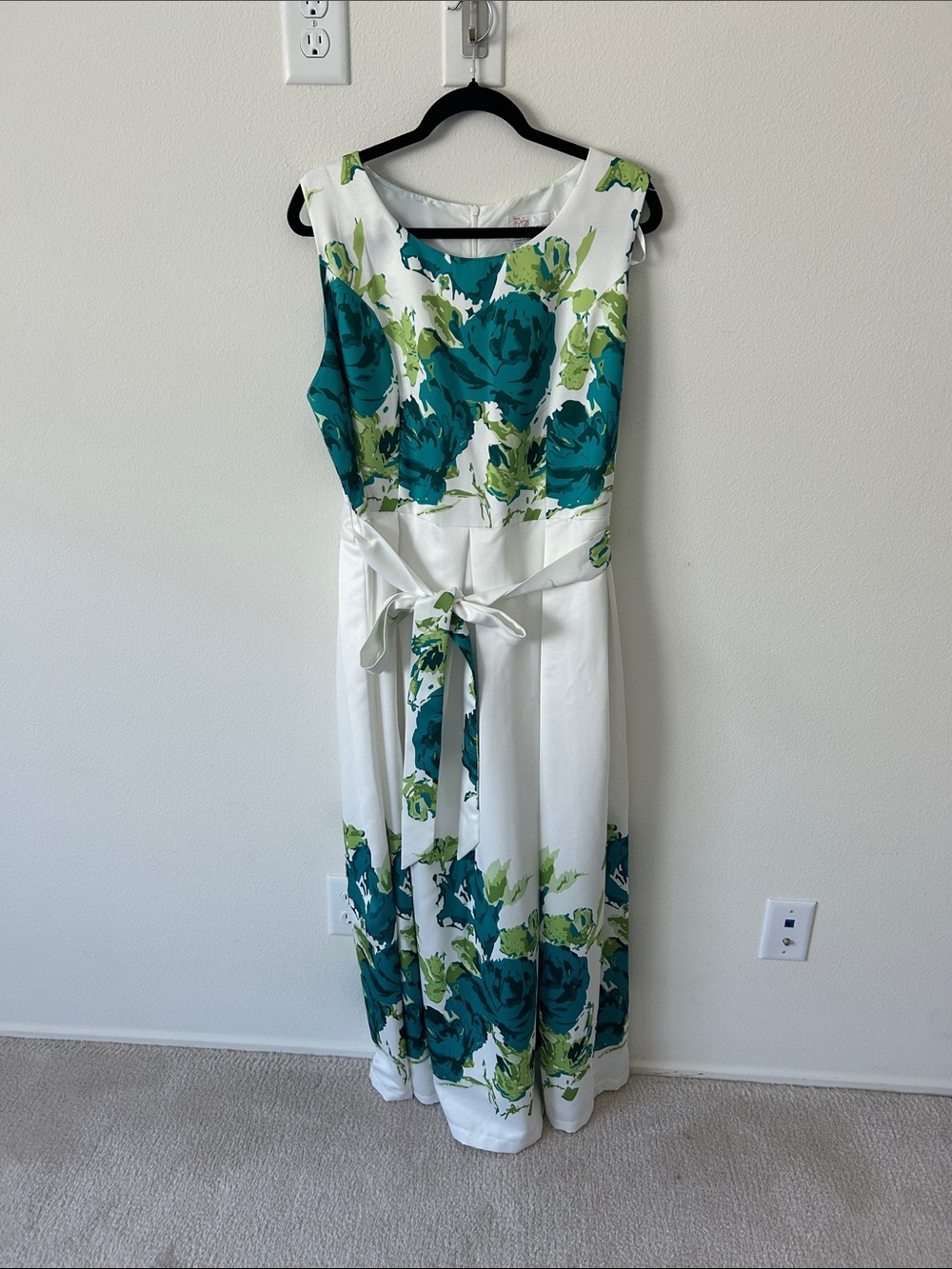 White Floral maxi Dress with Teal and Green Blooms